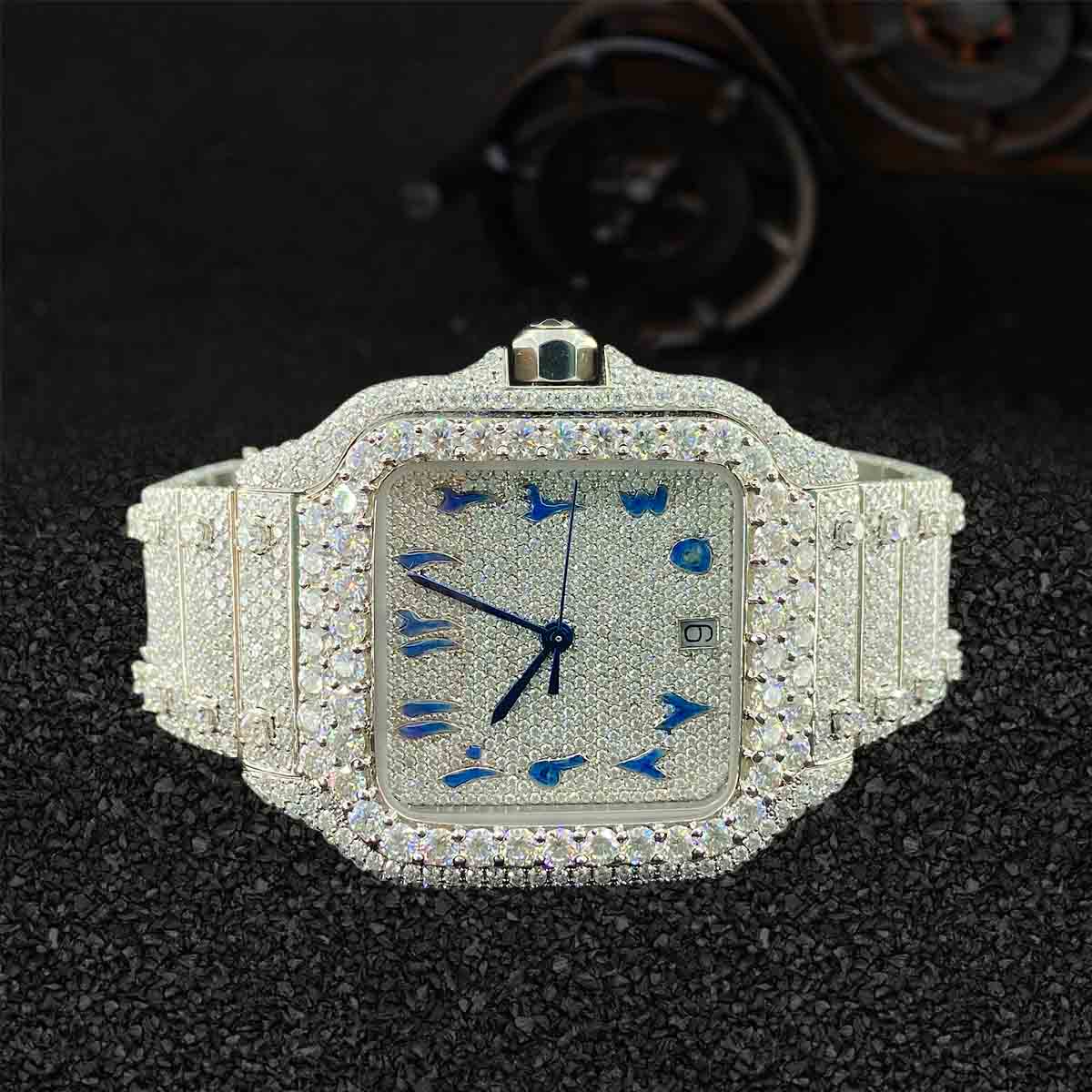 Iced Out Watch for Men Cartier Santos Arabic Dial Moissanite Diamond Bling Hip Hop Jewelry