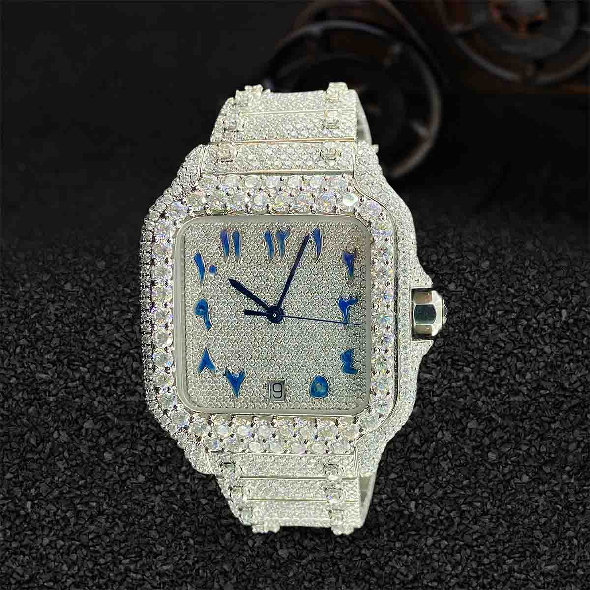Iced Out Watch for Men Cartier Santos Arabic Dial Moissanite Diamond Bling Hip Hop Jewelry