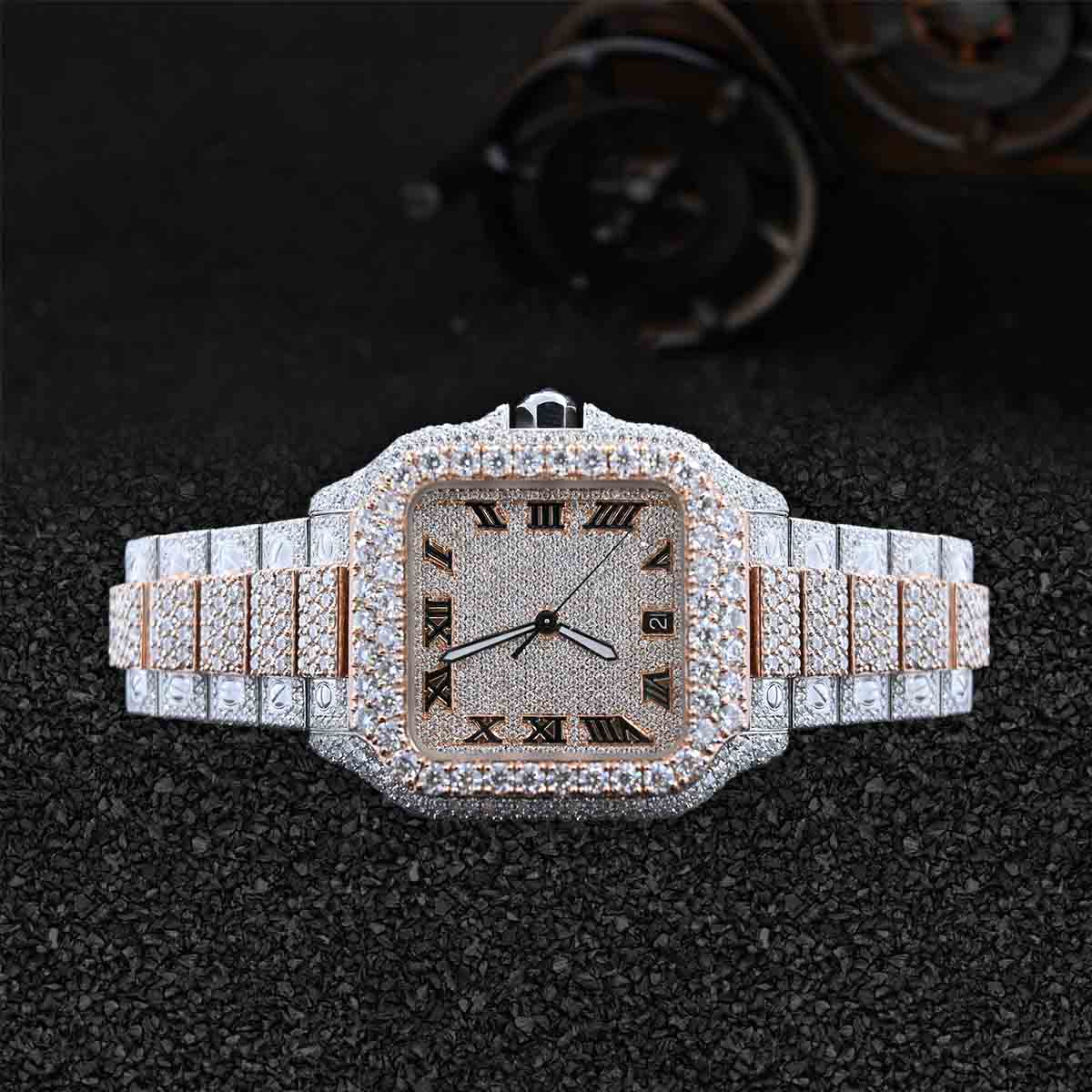 Iced Out Moissanite Diamond Watch Santos Cartier Rose Gold Bust Down Hip Hop Jewelry