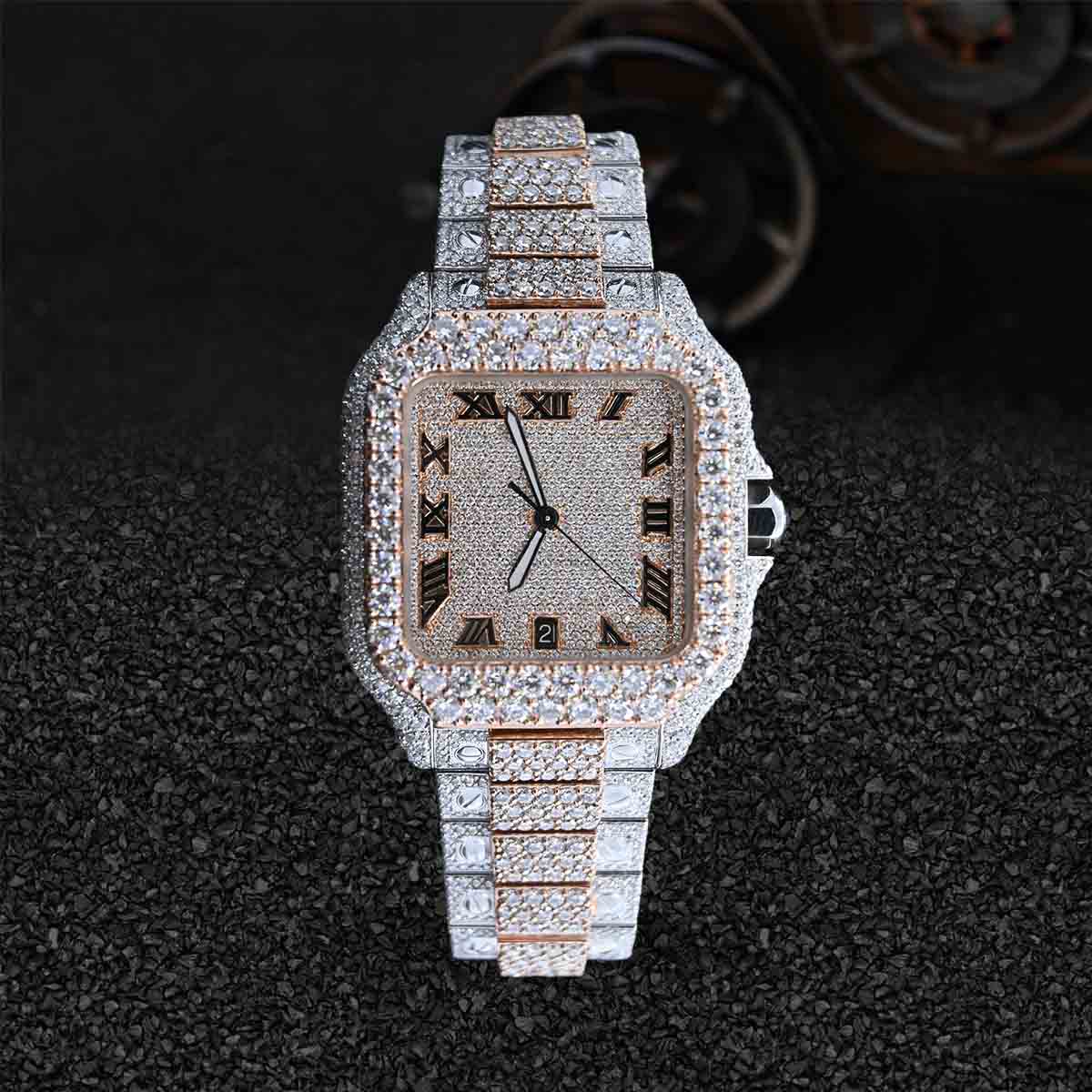 Iced Out Moissanite Diamond Watch Santos Cartier Rose Gold Bust Down Hip Hop Jewelry