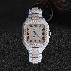 Fully Iced Out Moissanite Diamond Watch Roman Dial Two Tone Finish