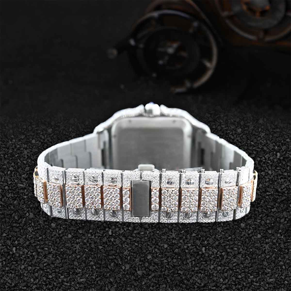 Iced Out Moissanite Diamond Watch Santos Cartier Rose Gold Bust Down Hip Hop Jewelry