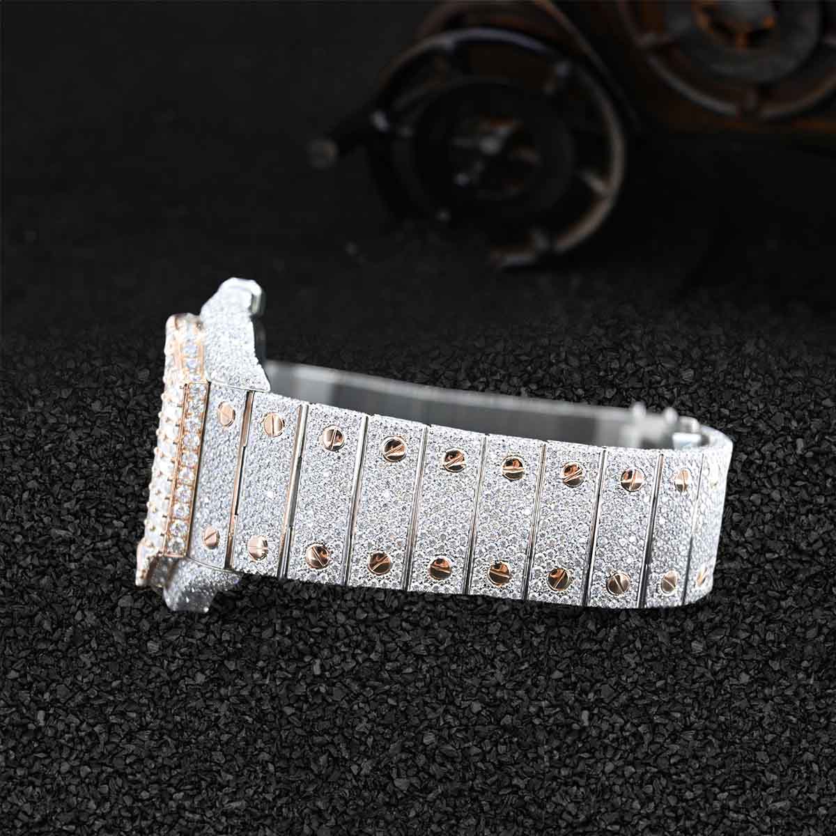 Iced Out Watch Cartier Santos Baguette Moissanite Diamond Rose Gold Bust Down