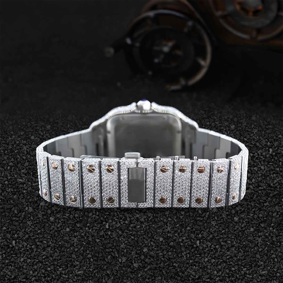 Iced Out Watch Cartier Santos Baguette Moissanite Diamond Rose Gold Bust Down