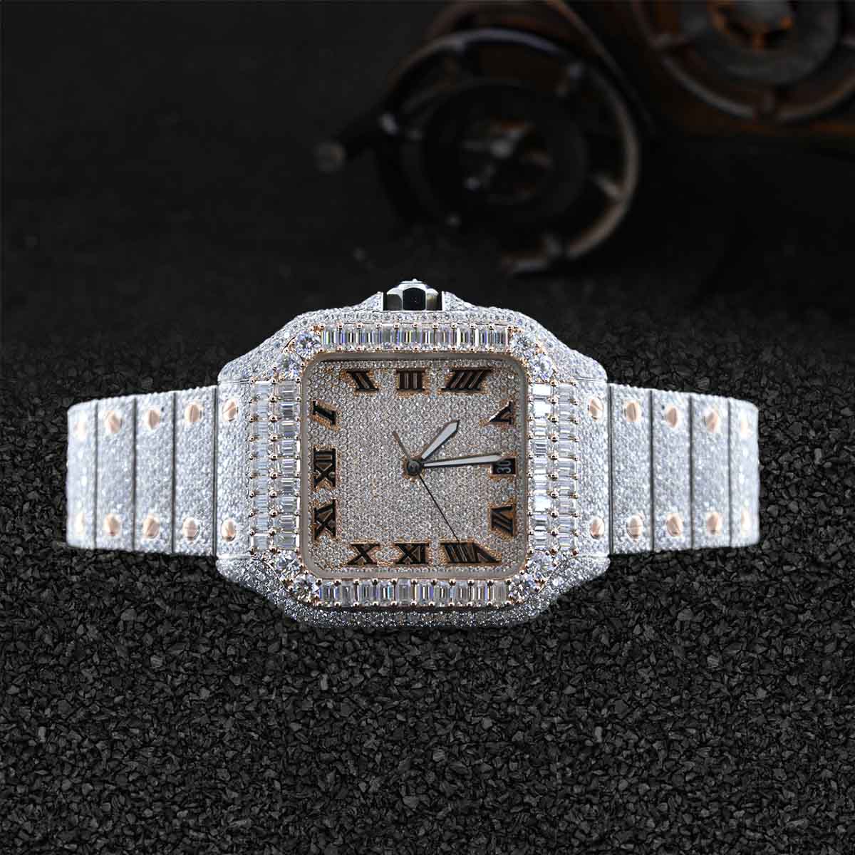 Iced Out Watch Cartier Santos Baguette Moissanite Diamond Rose Gold Bust Down