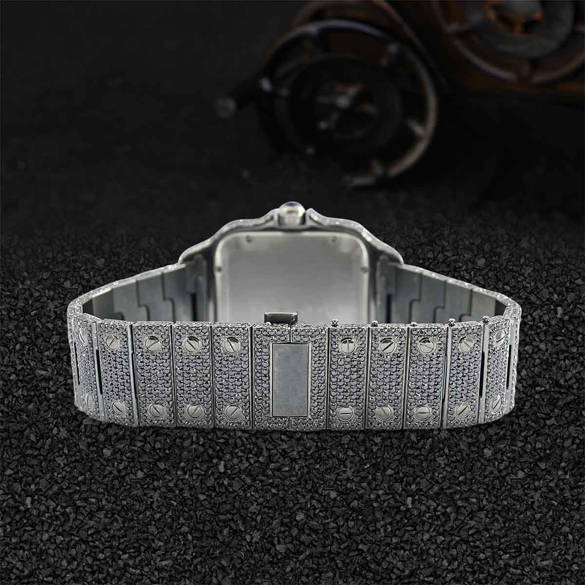 Iced Out Watch Cartier Santos Black Moissanite Bust Down Hip Hop Jewelry