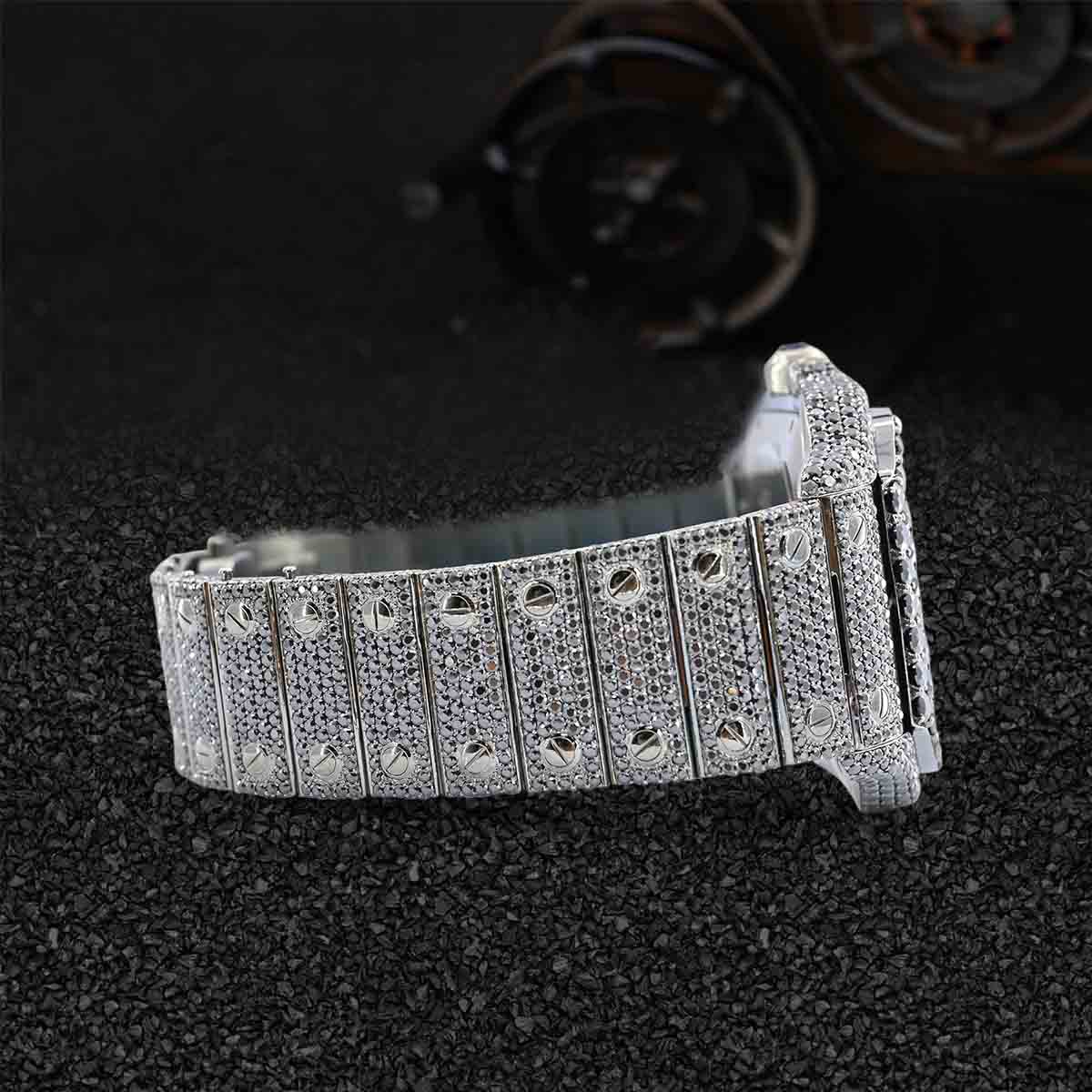 Iced Out Watch Cartier Santos Black Moissanite Bust Down Hip Hop Jewelry