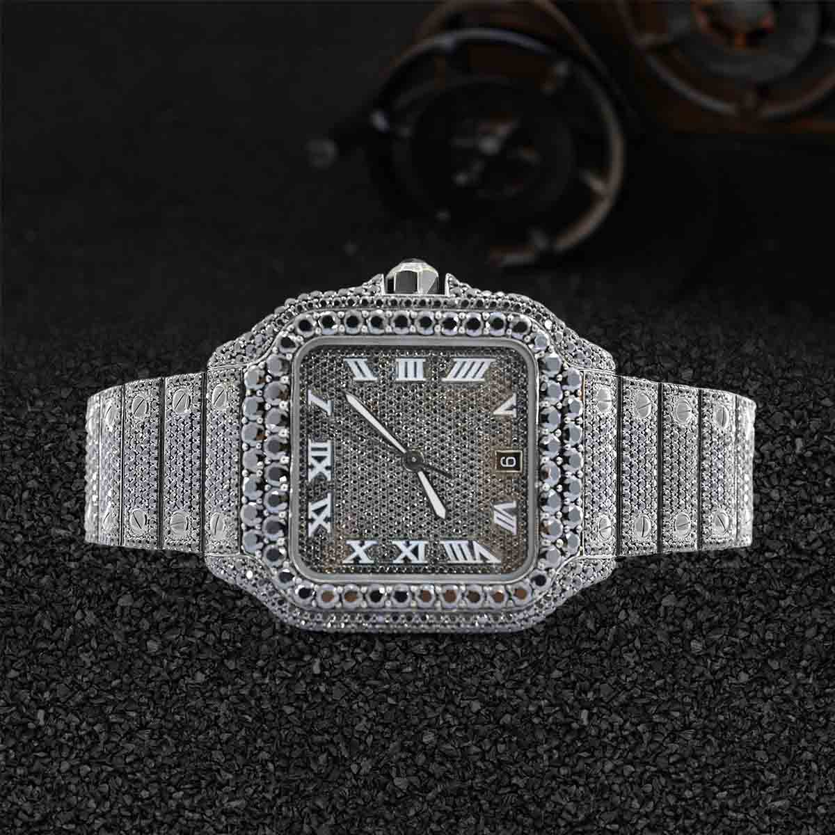 Iced Out Watch Cartier Santos Black Moissanite Bust Down Hip Hop Jewelry