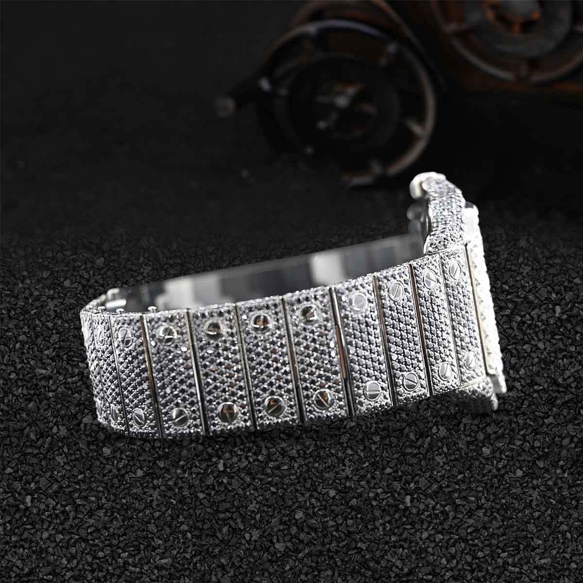 Salt and Pepper Iced Out Watch Santos de Cartier Black and White Moissanite Bust Down Jewelry