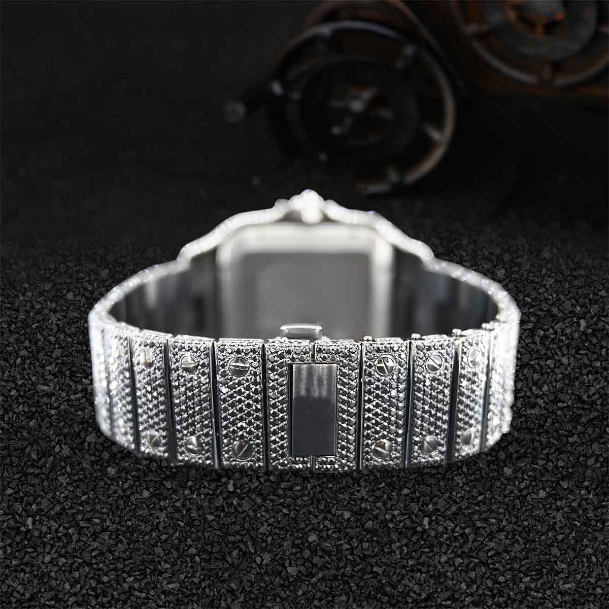 Salt and Pepper Iced Out Watch Santos de Cartier Black and White Moissanite Bust Down Jewelry