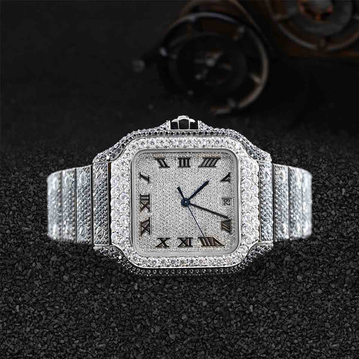 Salt and Pepper Iced Out Watch Santos de Cartier Black and White Moissanite Bust Down Jewelry