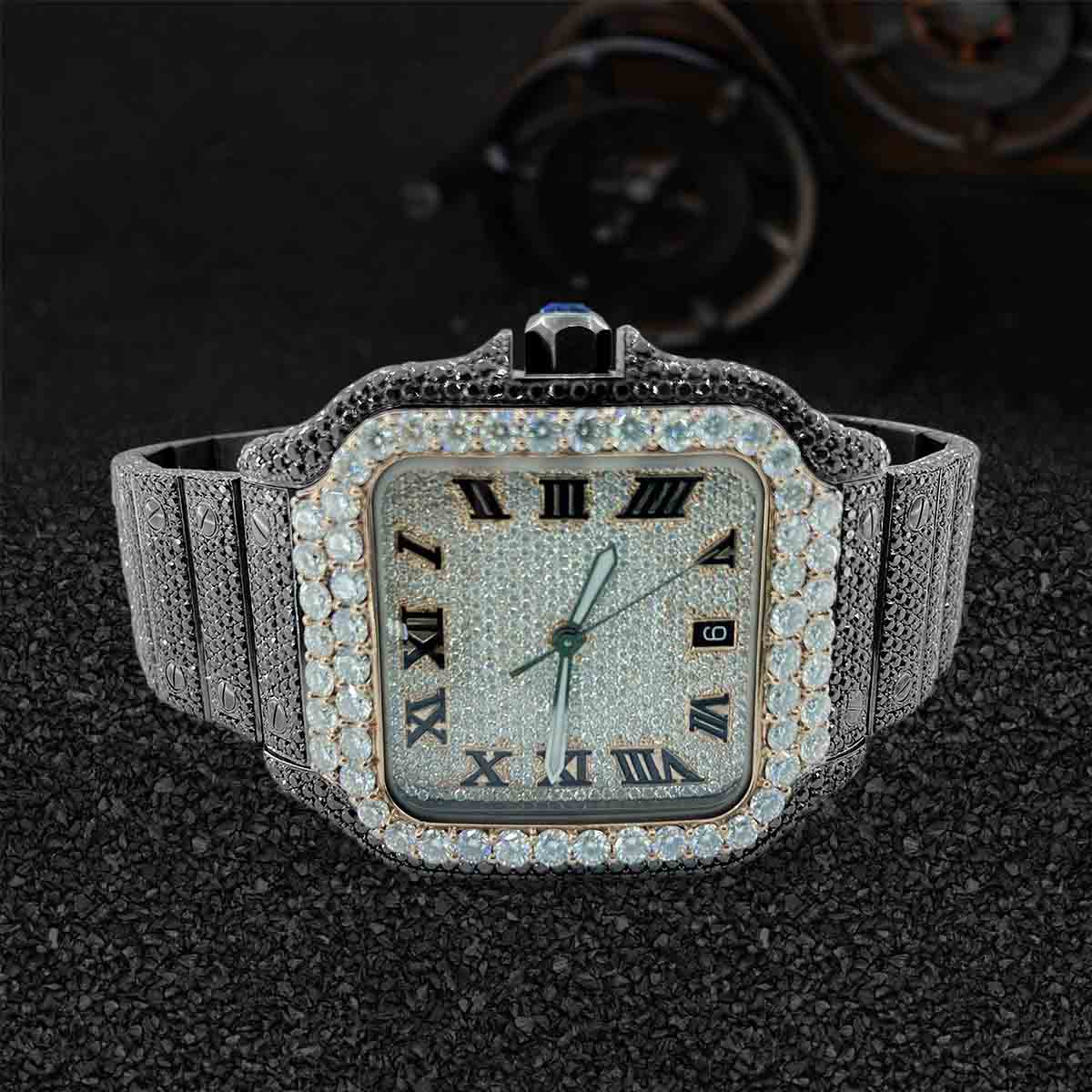 Santos Cartier Watch Black and White Moissanite Iced Out Bust Down Hip Hop Jewelry