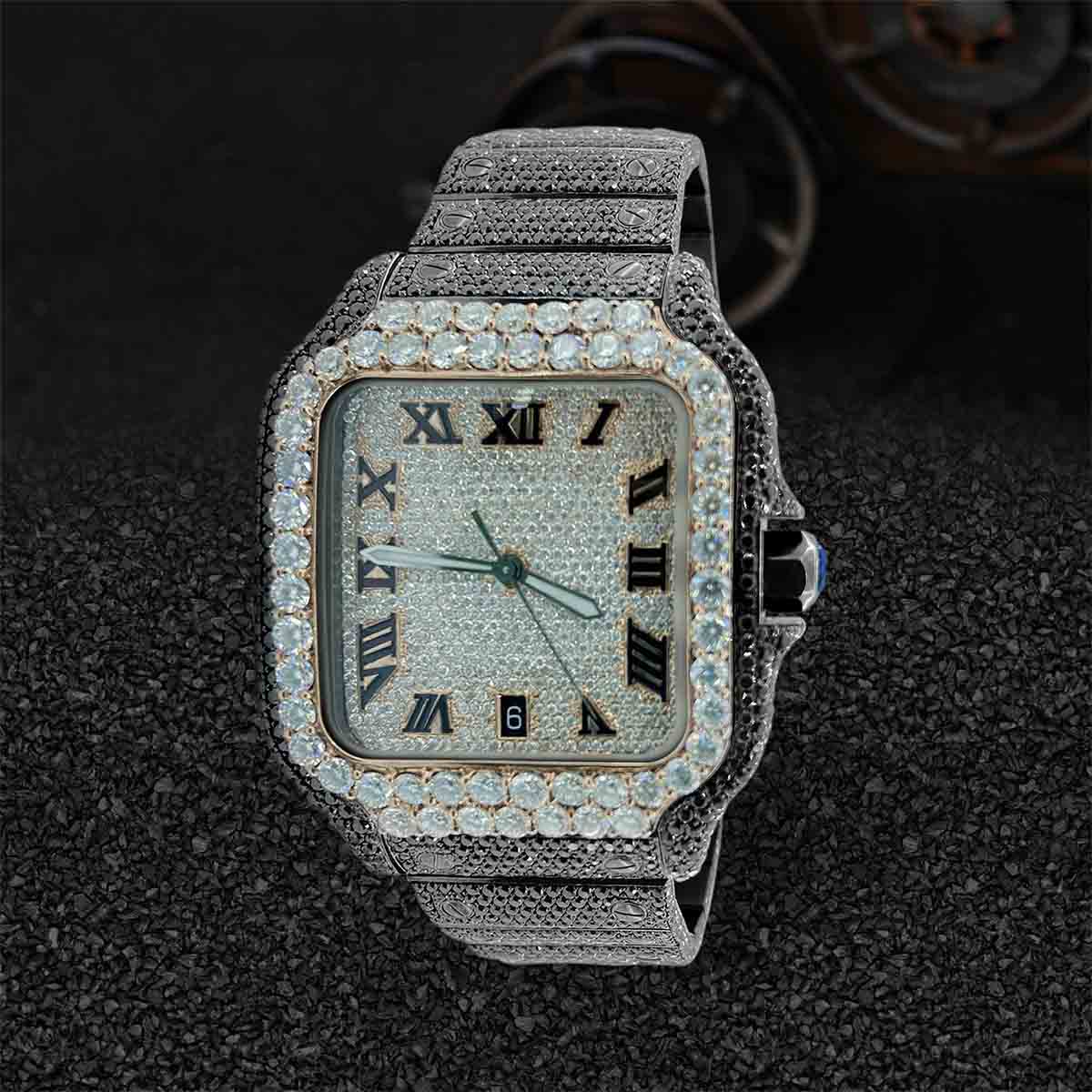 Santos Cartier Watch Black and White Moissanite Iced Out Bust Down Hip Hop Jewelry