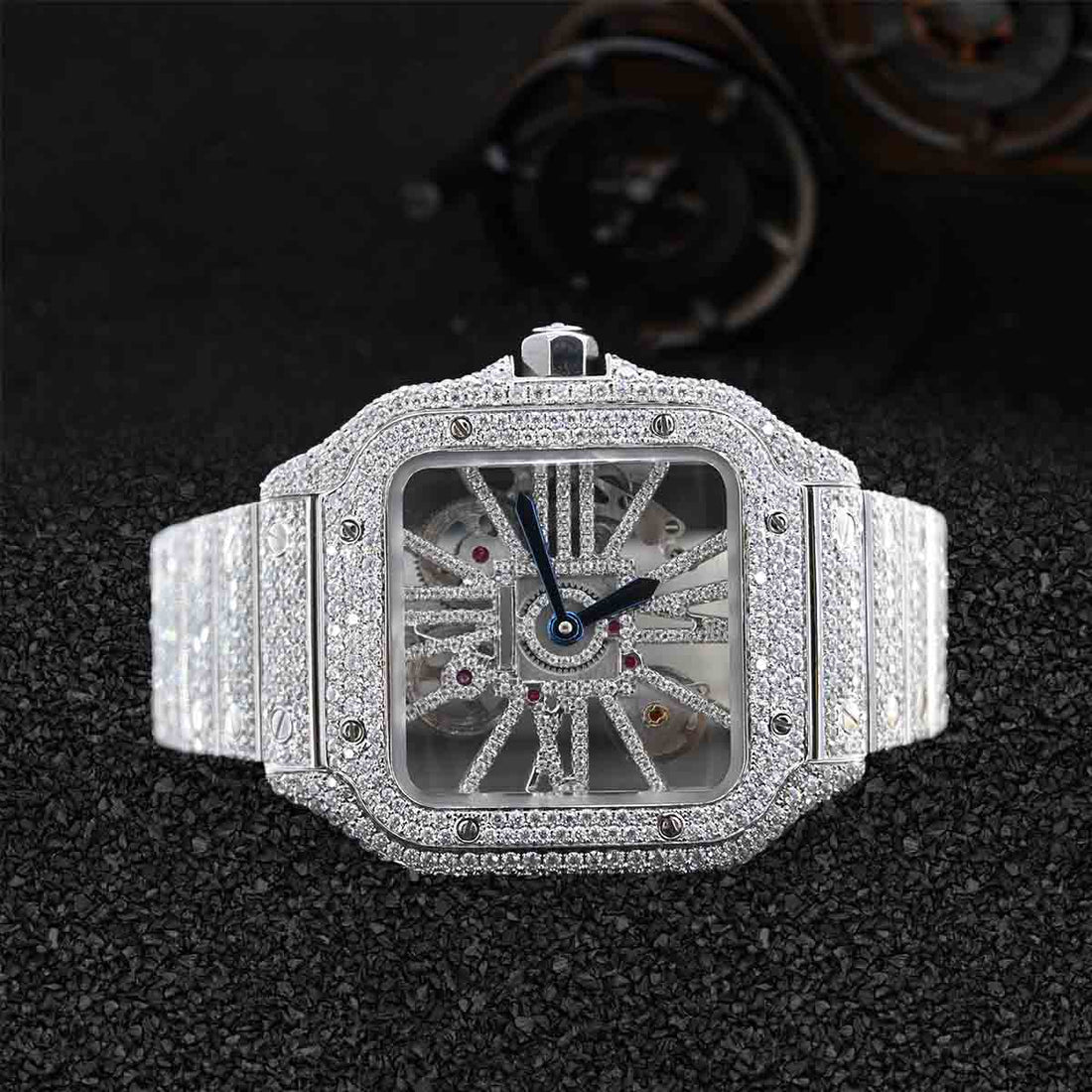 Santos de Cartier Skeleton Iced Out Watch for Men Moissanite Diamond Square Dial Bust Down Hip Hop