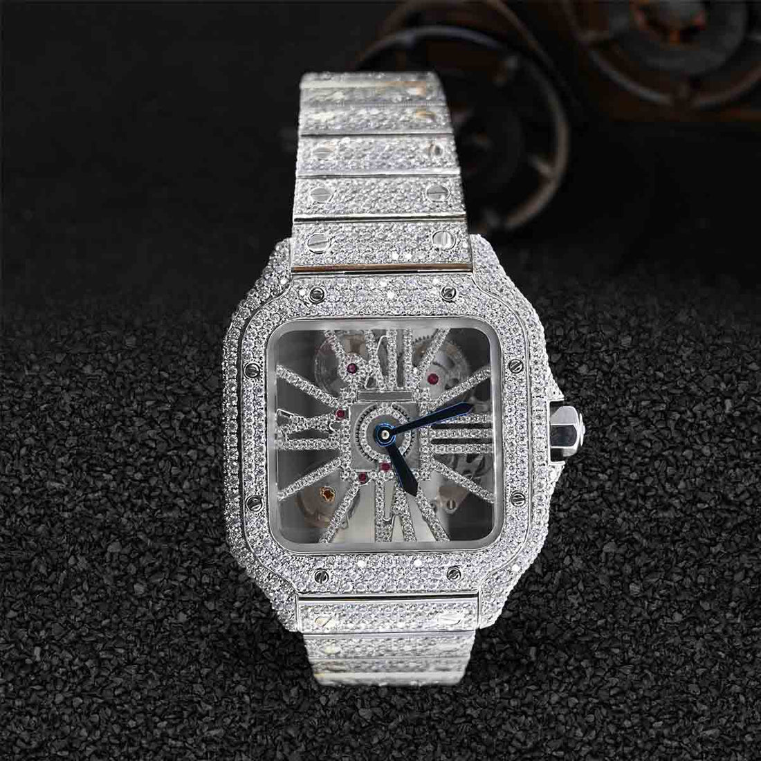 Santos de Cartier Skeleton Iced Out Watch for Men Moissanite Diamond Square Dial Bust Down Hip Hop