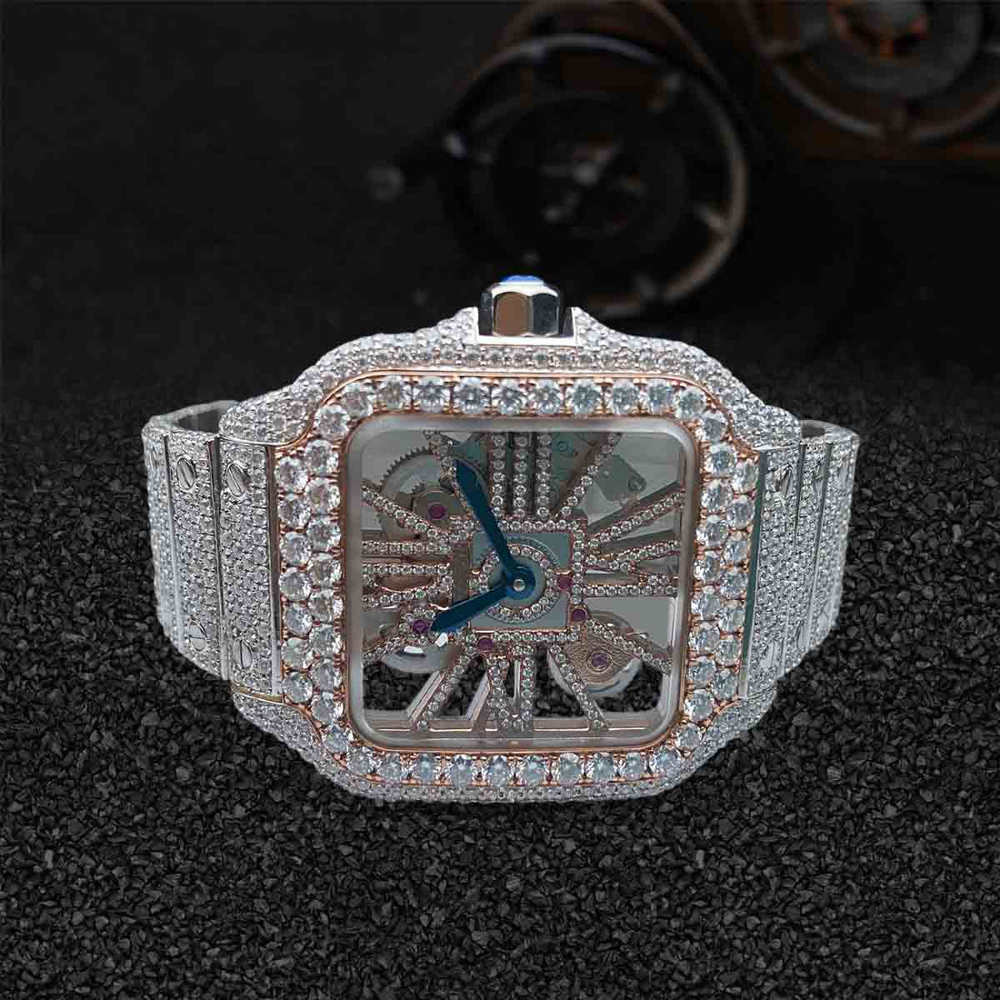 Santos de Cartier Skeleton Iced Out Watch Moissanite Roman Dial Bust Down Hip Hop Jewelry
