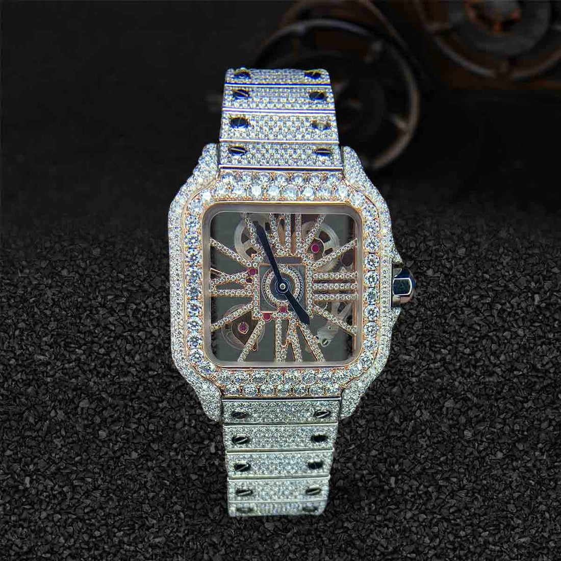 Santos de Cartier Skeleton Iced Out Watch Moissanite Roman Dial Bust Down Hip Hop Jewelry