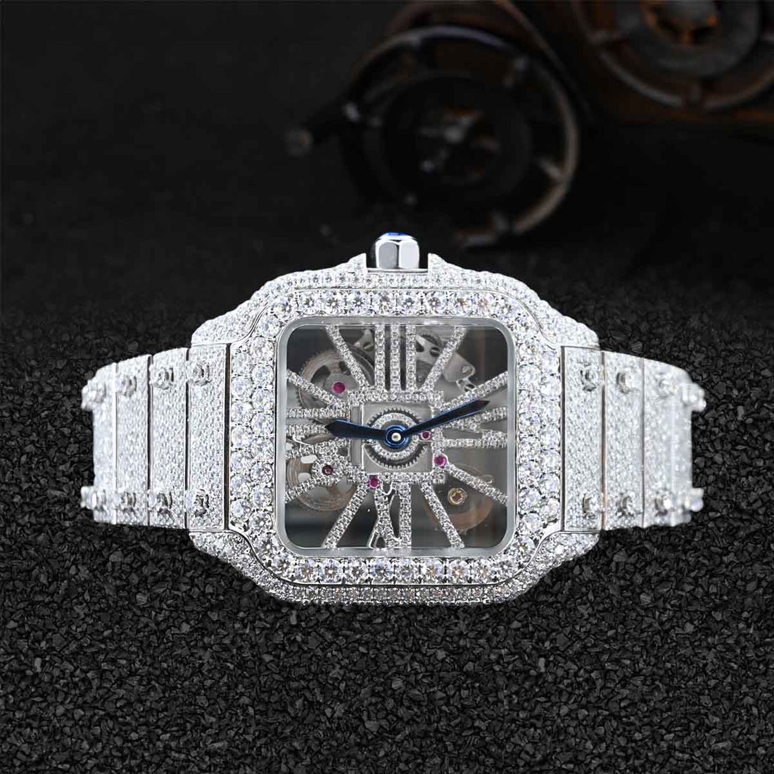 Cartier Santos de Skeleton Iced Out Watch for Men Moissanite Roman Dial Hip Hop Jewelry Bust Down