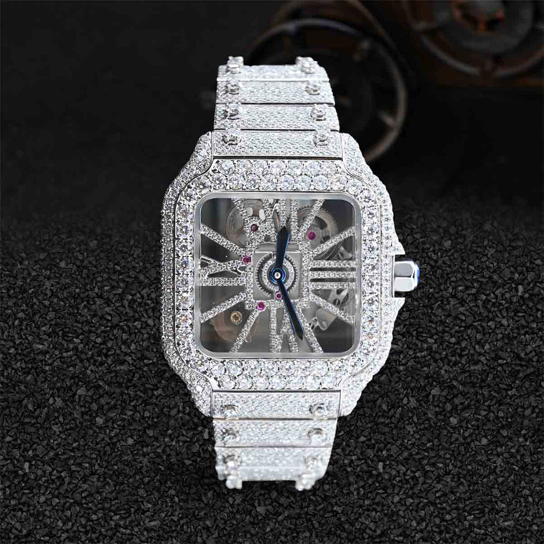 Cartier Santos de Skeleton Iced Out Watch for Men Moissanite Roman Dial Hip Hop Jewelry Bust Down