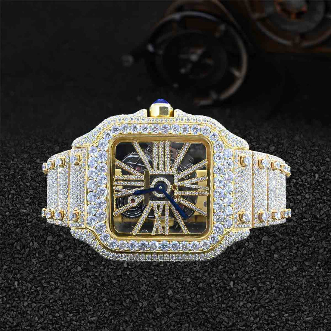 Iced Out Watch for Men Santos de Cartier Skeleton Moissanite Gold Bust Down Hip Hop Jewelry