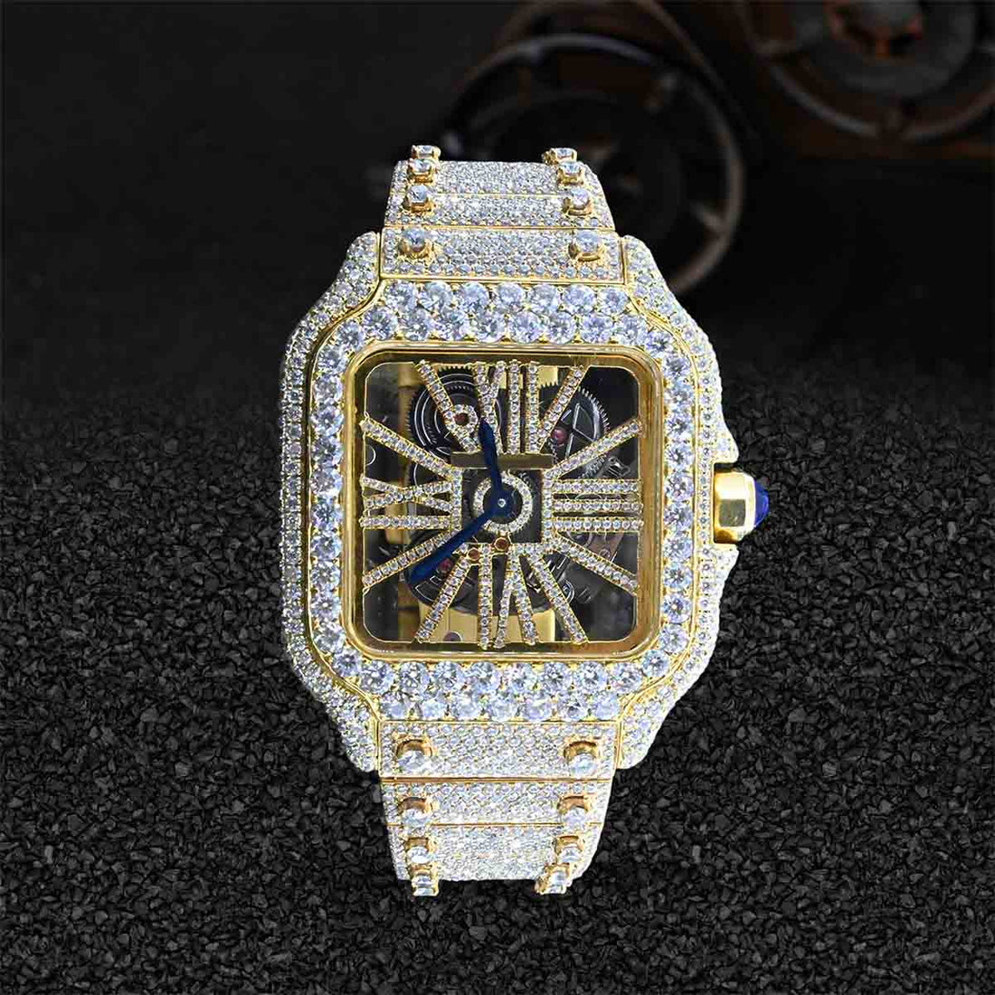 Iced Out Watch for Men Santos de Cartier Skeleton Moissanite Gold Bust Down Hip Hop Jewelry