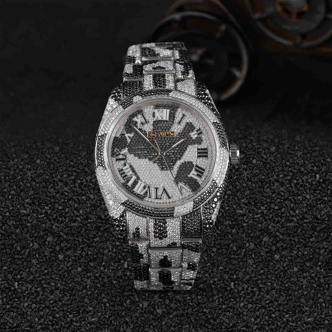 Black and White Moissanite Iced Out Watch Camouflage Pattern Bust Down Hip Hop Jewelry