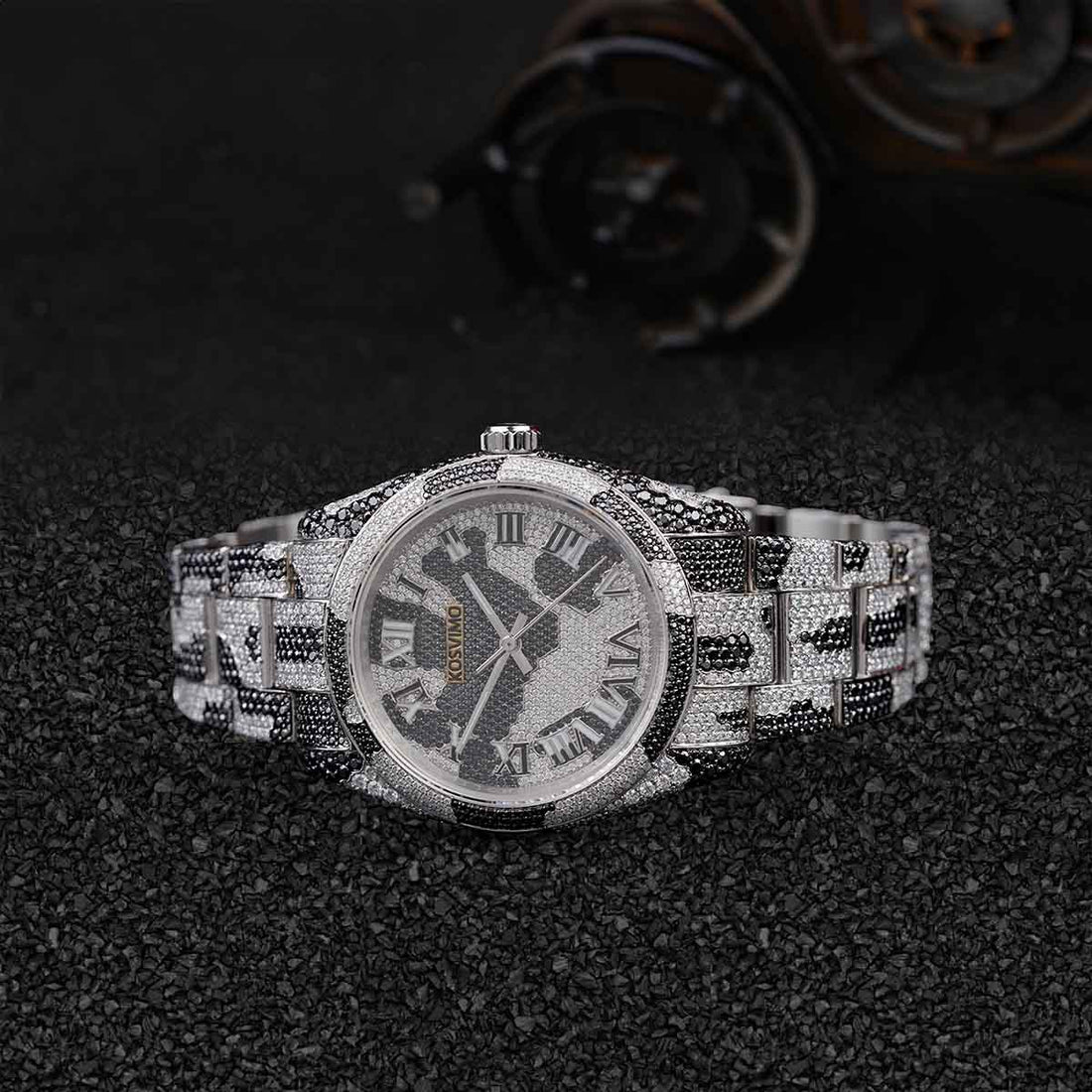 Black and White Moissanite Iced Out Watch Camouflage Pattern Bust Down Hip Hop Jewelry