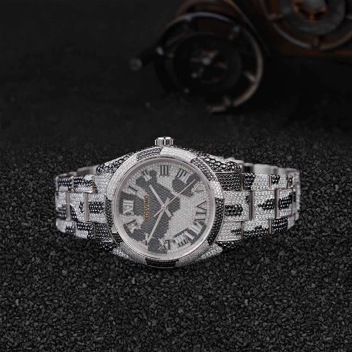 Black and White Moissanite Iced Out Watch Camouflage Pattern Bust Down Hip Hop Jewelry