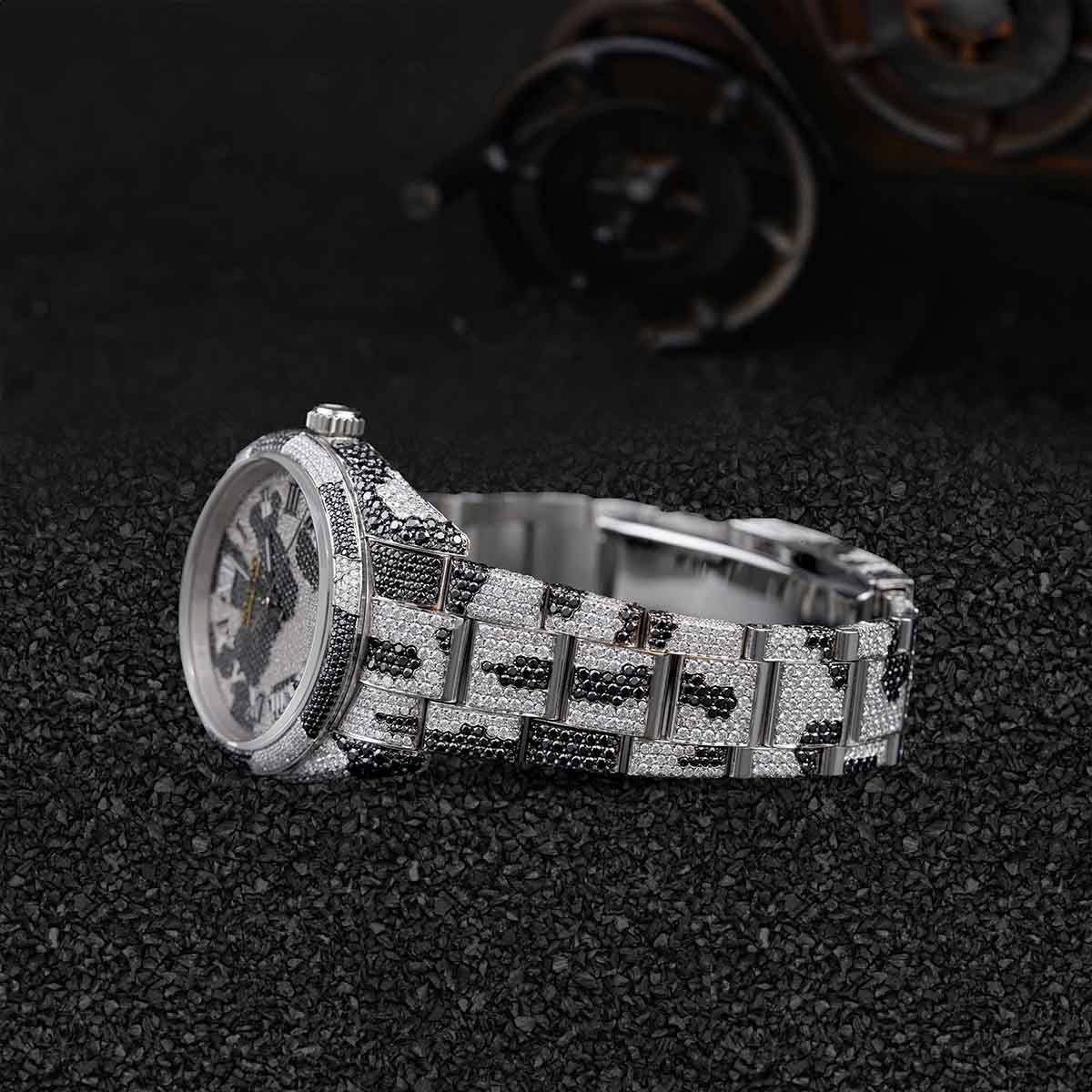 Black and White Moissanite Iced Out Watch Camouflage Pattern Bust Down Hip Hop Jewelry