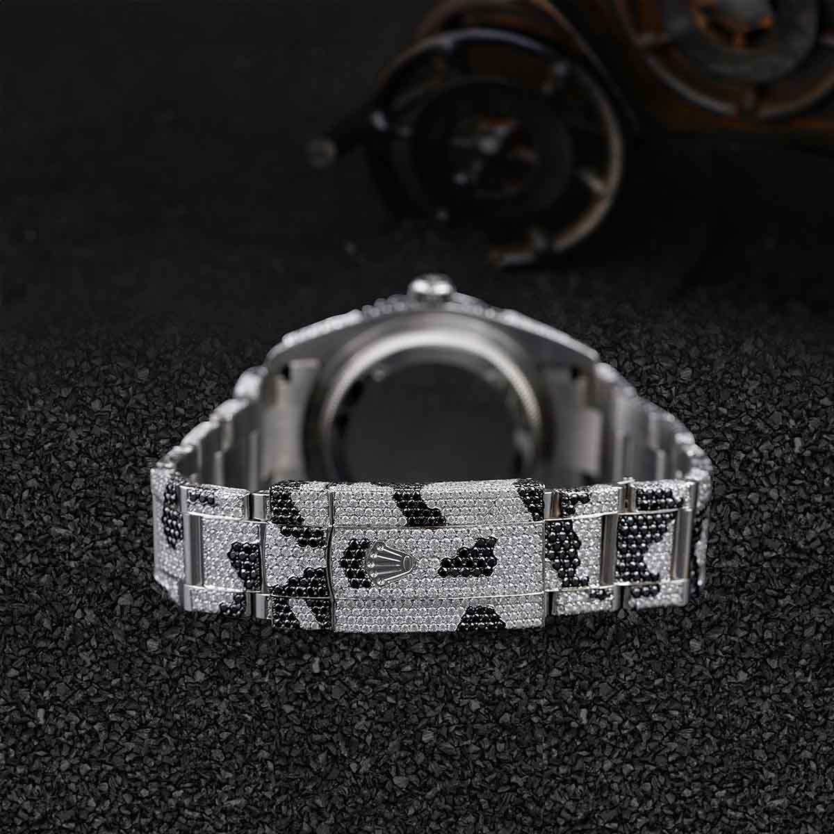 Black and White Moissanite Iced Out Watch Camouflage Pattern Bust Down Hip Hop Jewelry