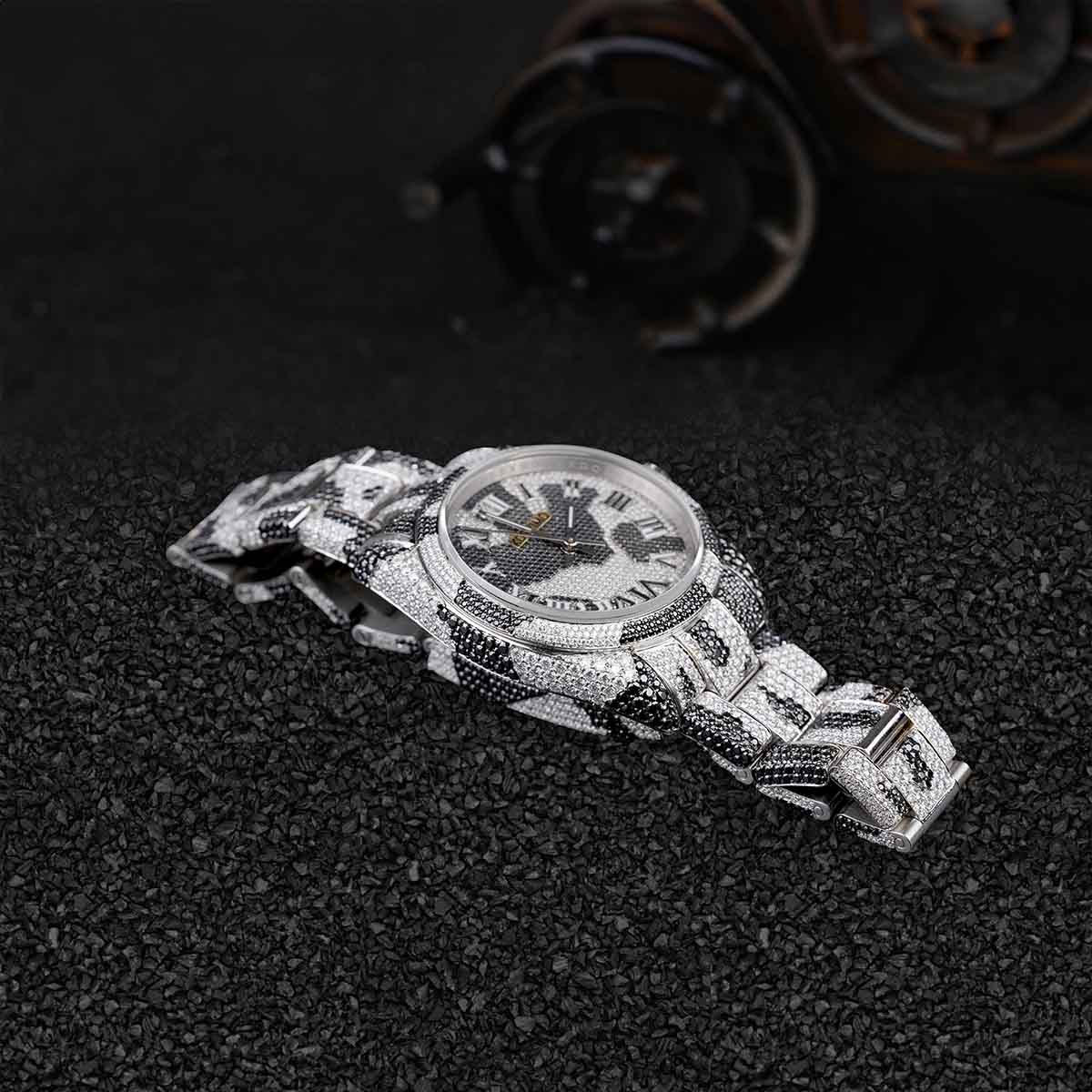 Black and White Moissanite Iced Out Watch Camouflage Pattern Bust Down Hip Hop Jewelry