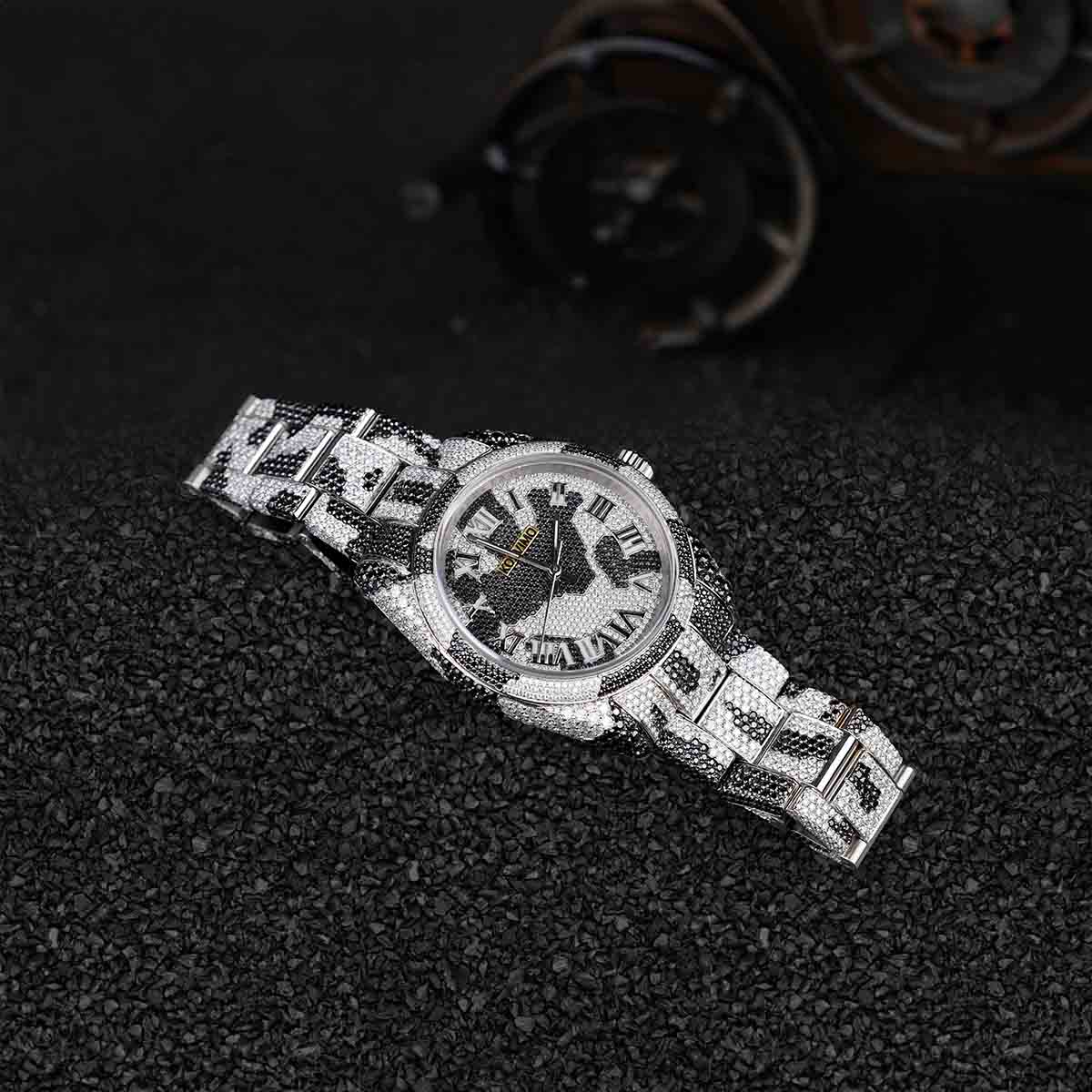 Black and White Moissanite Iced Out Watch Camouflage Pattern Bust Down Hip Hop Jewelry