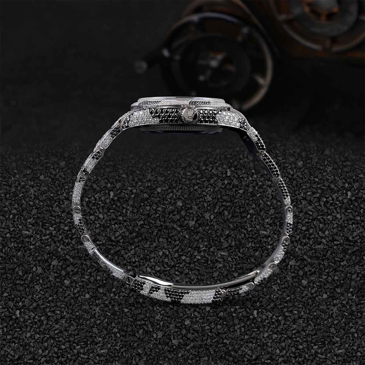 Black and White Moissanite Iced Out Watch Camouflage Pattern Bust Down Hip Hop Jewelry