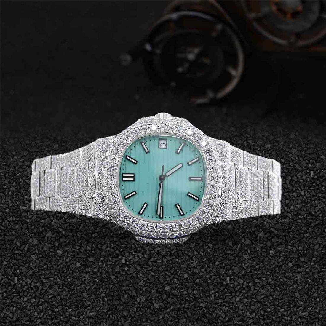 Patek Philippe Watch for Men Iced Out Moissanite Turquoise Dial White Gold Finish Bust Down Hip hop