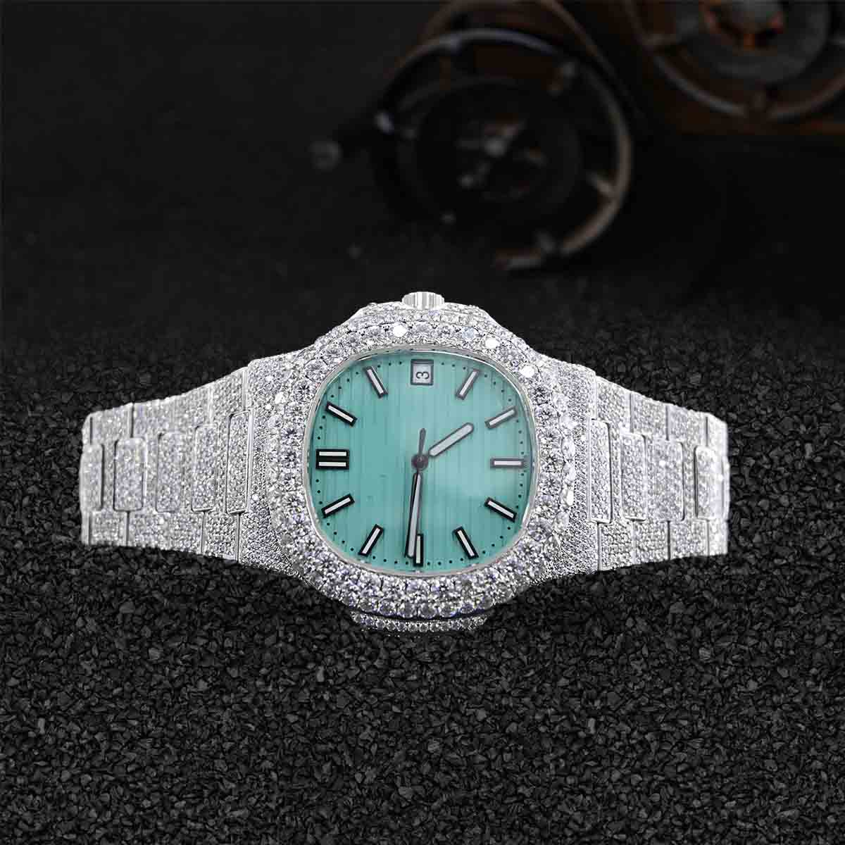Patek Philippe Watch for Men Iced Out Moissanite Turquoise Dial White Gold Finish Bust Down Hip hop
