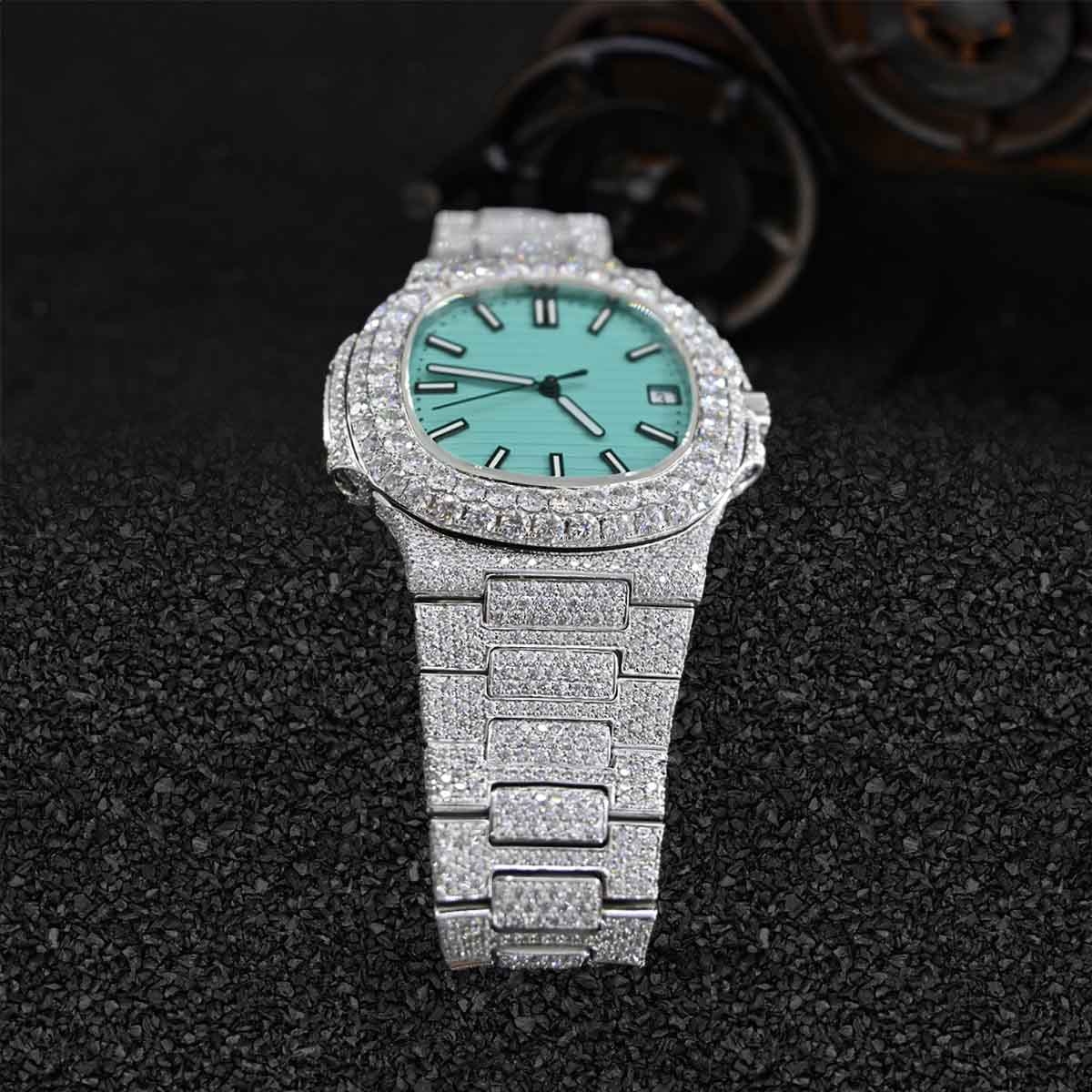 Patek Philippe Watch for Men Iced Out Moissanite Turquoise Dial White Gold Finish Bust Down Hip hop