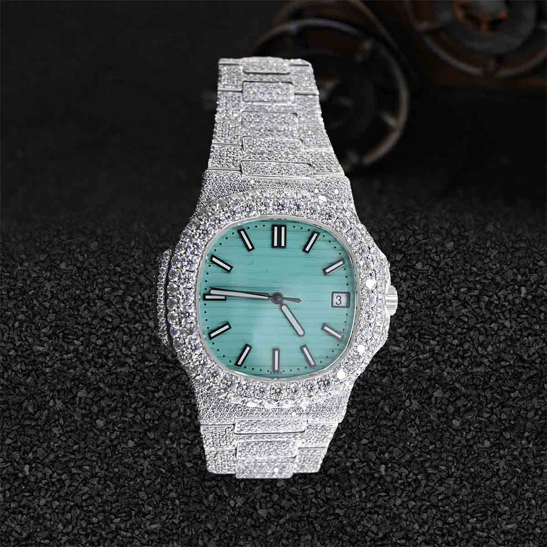 Patek Philippe Watch for Men Iced Out Moissanite Turquoise Dial White Gold Finish Bust Down Hip hop