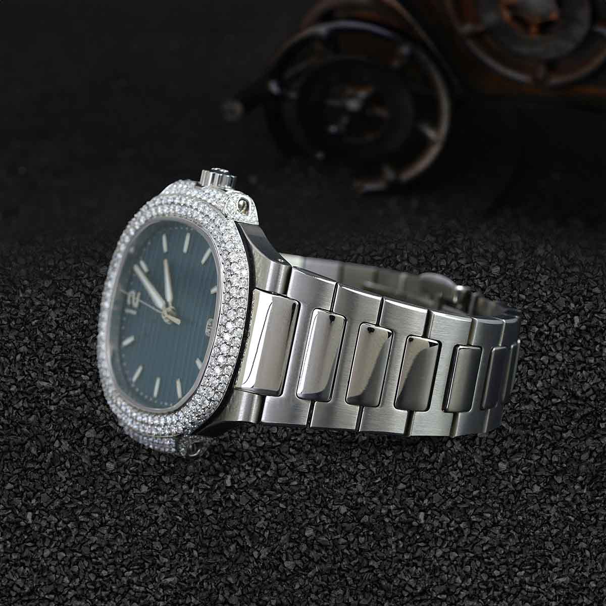 Patek Philippe Watch for Men Moissanite 36mm Sunburst Blue Dial