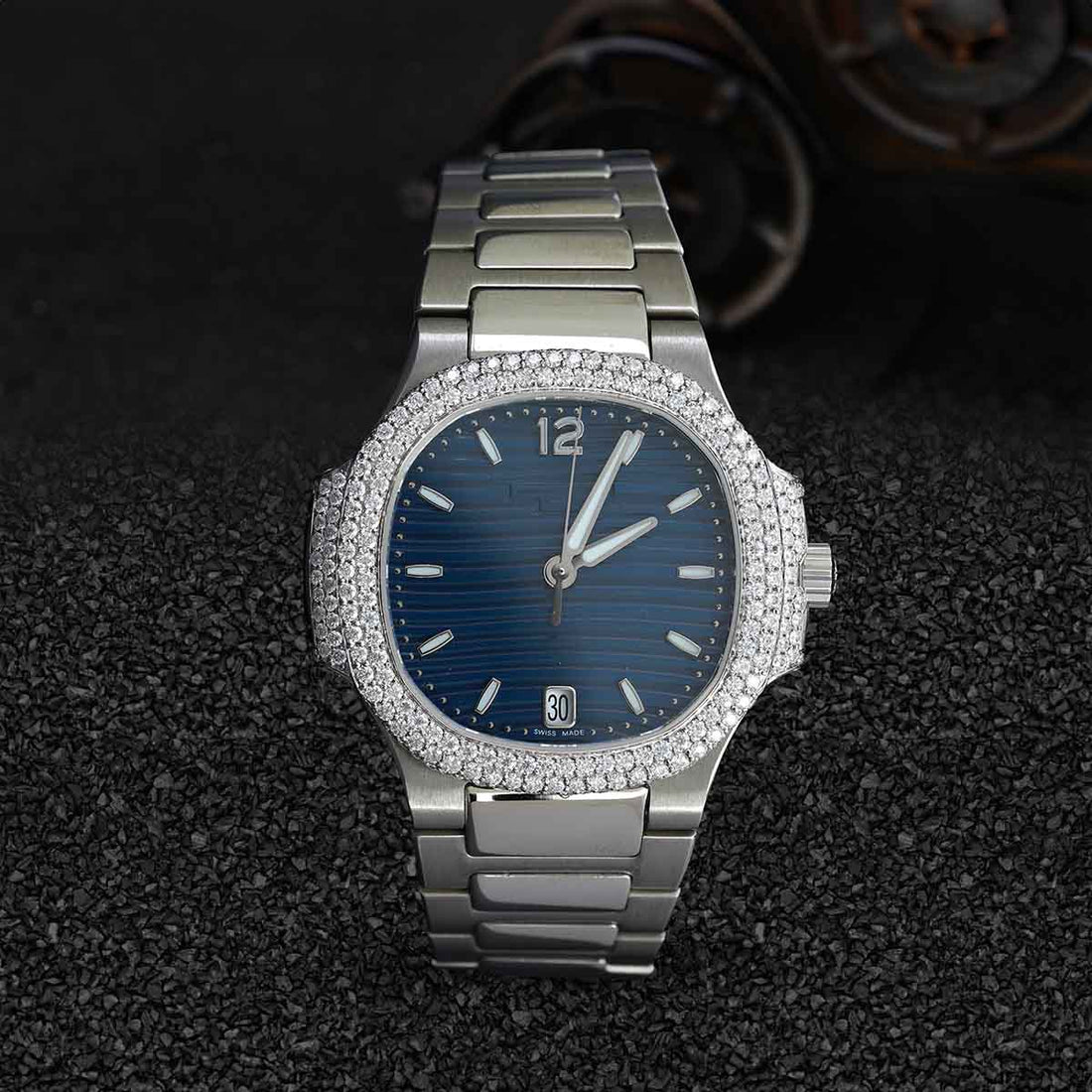 Patek Philippe Watch for Men Moissanite 36mm Sunburst Blue Dial