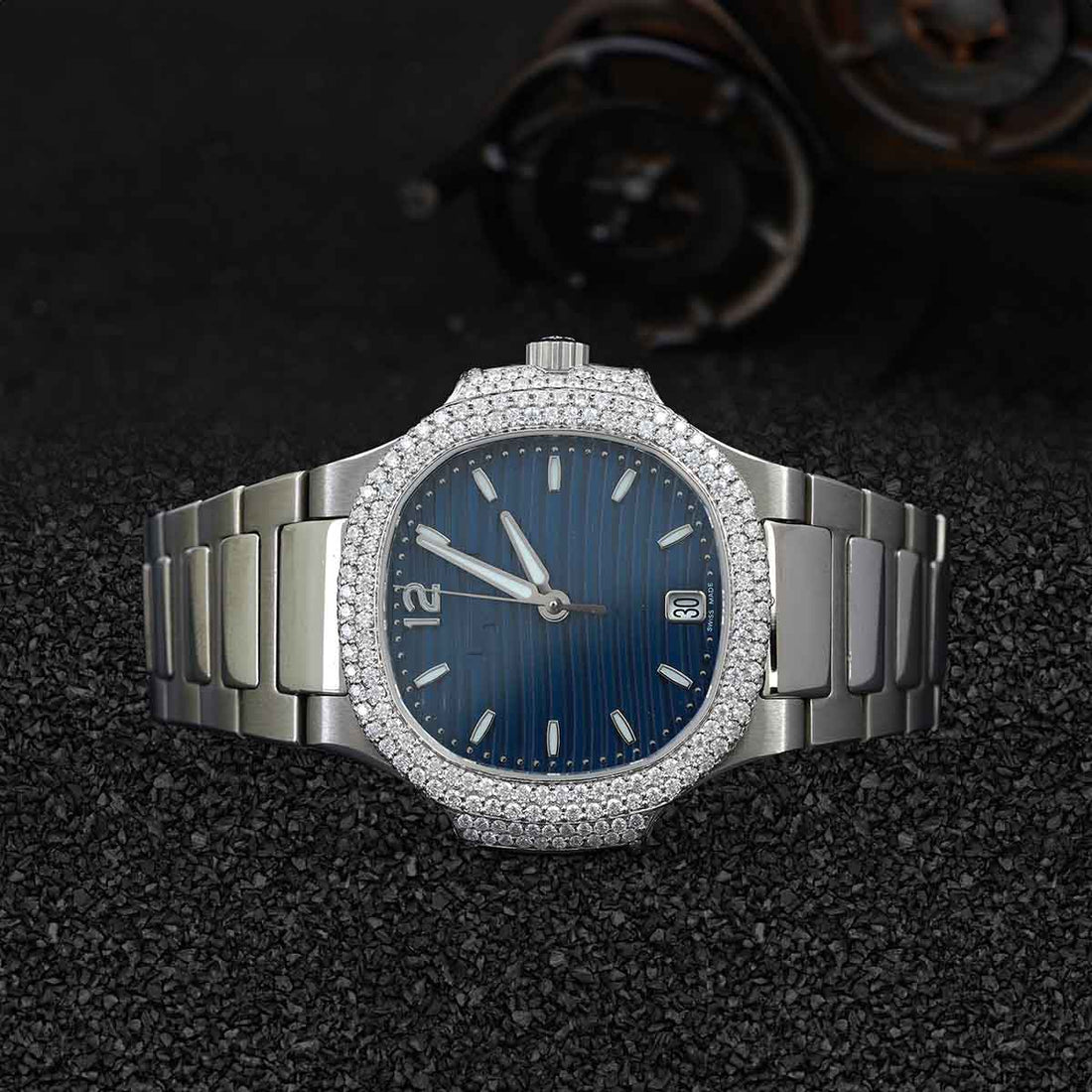Patek Philippe Watch for Men Moissanite 36mm Sunburst Blue Dial