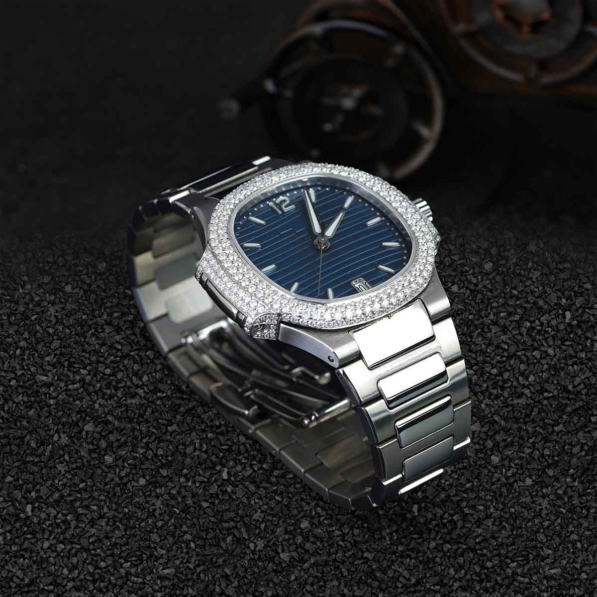 Patek Philippe Watch for Men Moissanite 36mm Sunburst Blue Dial