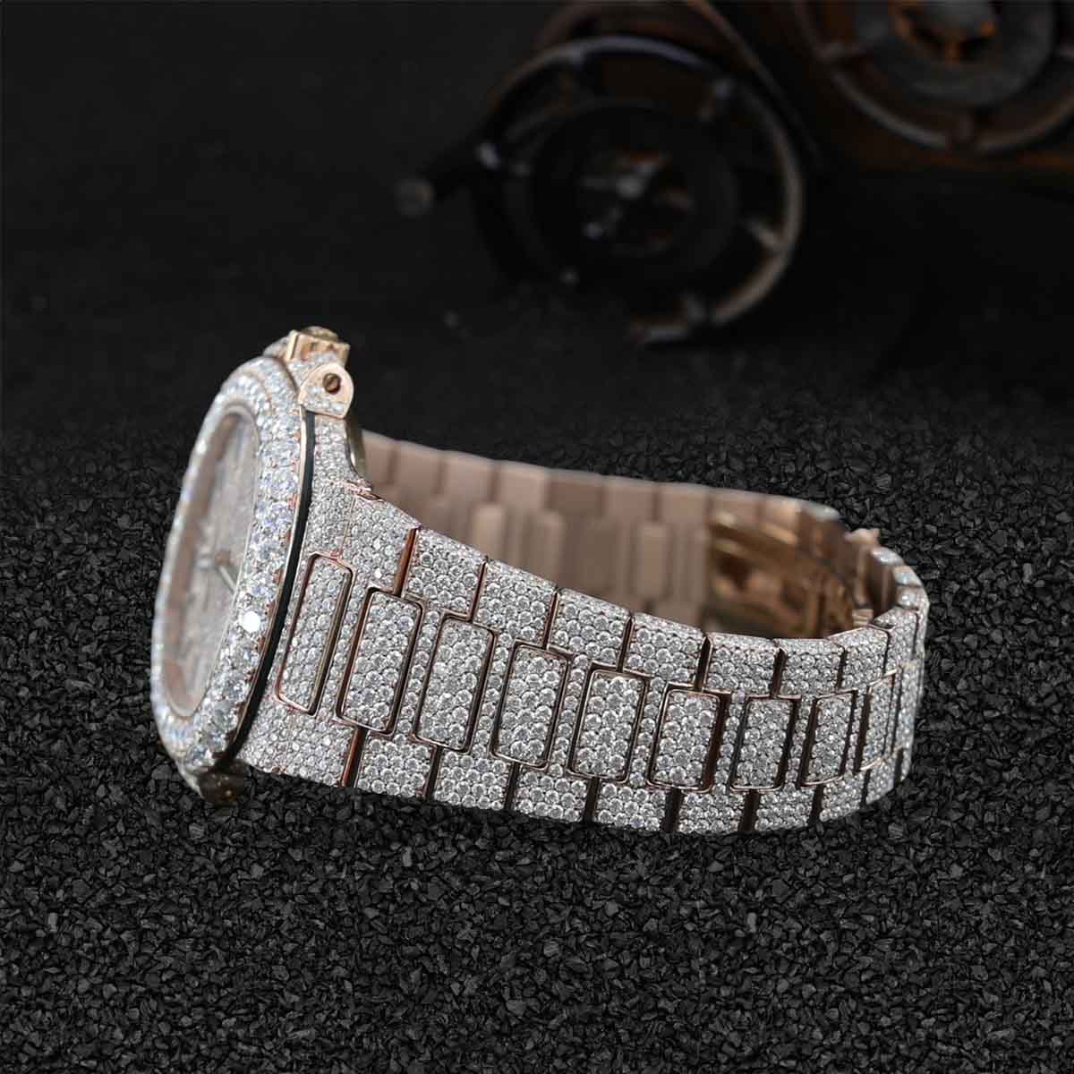 Patek Philippe Watch Iced Out Moissanite Nautilus Rose Gold Bust Down