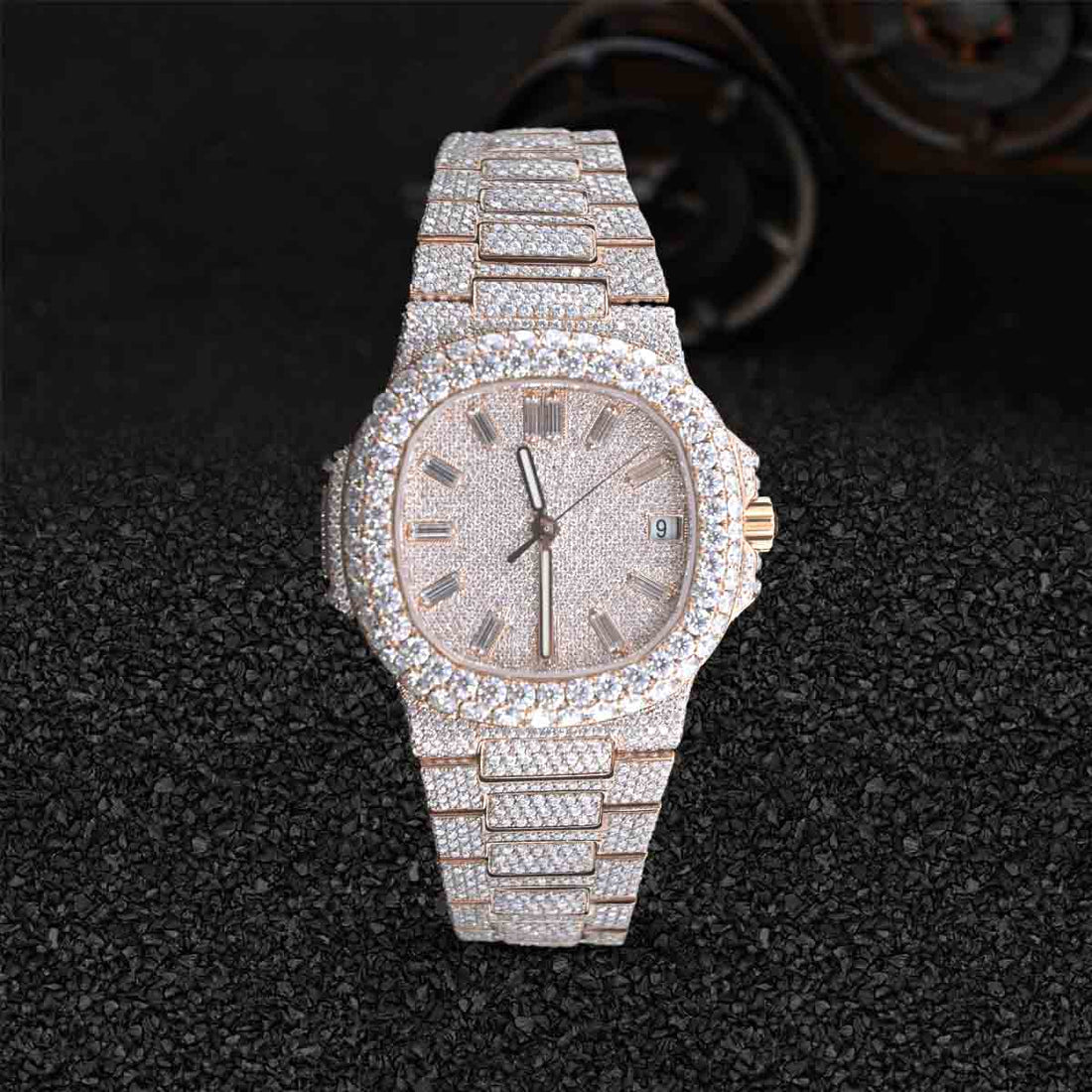 Patek Philippe Watch Iced Out Moissanite Nautilus Rose Gold Bust Down