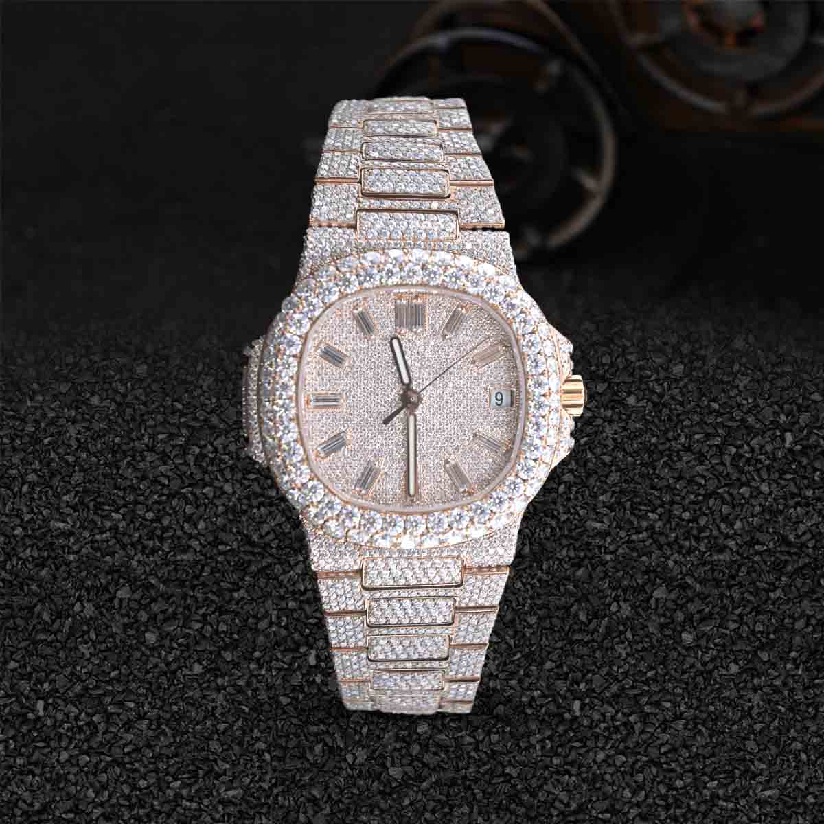 Patek Philippe Watch Iced Out Moissanite Nautilus Rose Gold Bust Down