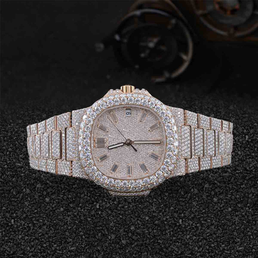Patek Philippe Watch Iced Out Moissanite Nautilus Rose Gold Bust Down