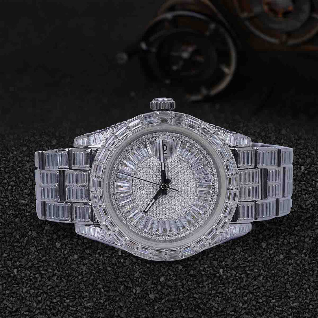 Rolex Watch Baguette Moissanite Diamond Iced Out 40 mm Dial Bust Down Hip Hop Jewelry
