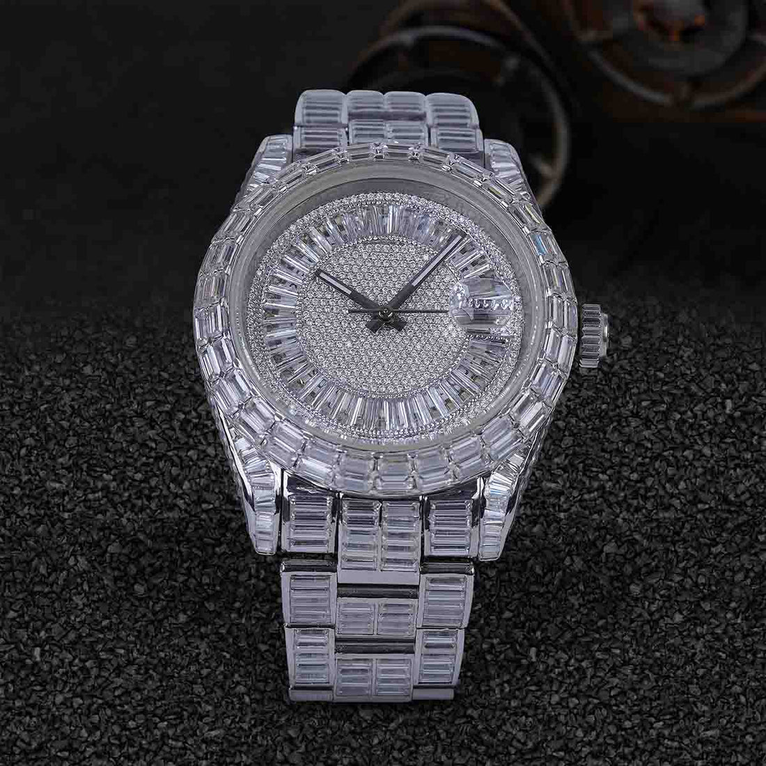 Rolex Watch Baguette Moissanite Diamond Iced Out 40 mm Dial Bust Down Hip Hop Jewelry
