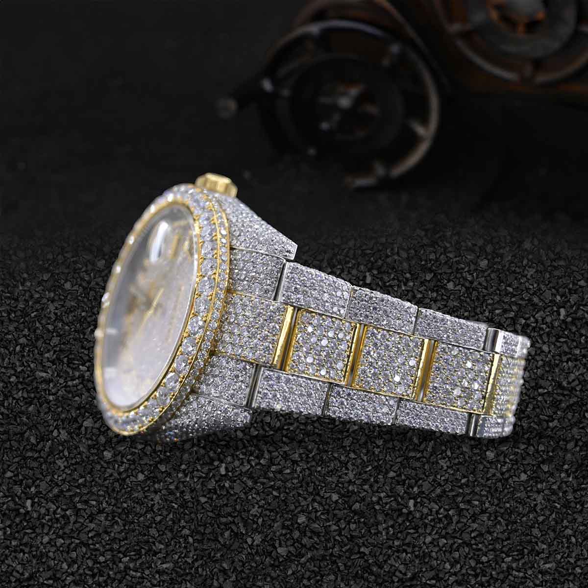Iced Out Rolex Watch for Men Moissanite Diamond Roman Dial Two Tone Gold Bust Down Hip Hop