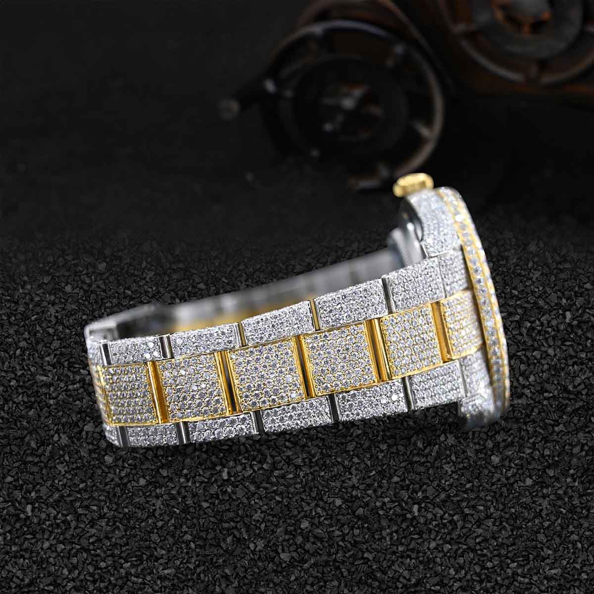 Iced Out Rolex Watch for Men Moissanite Diamond Roman Dial Two Tone Gold Bust Down Hip Hop