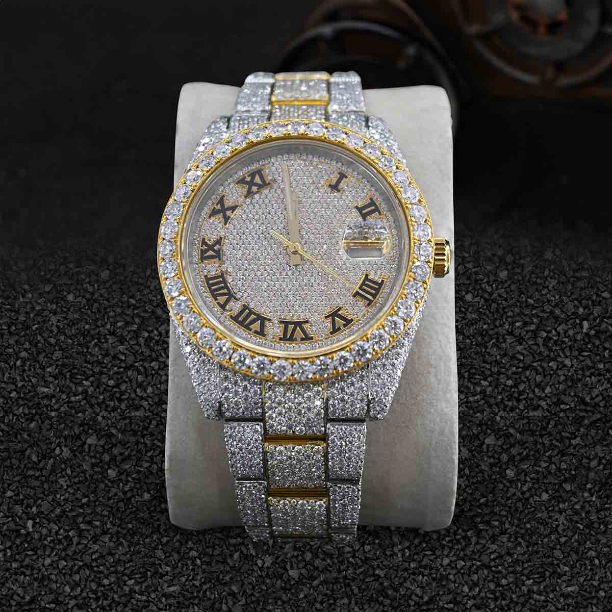 Iced Out Rolex Watch for Men Moissanite Diamond Roman Dial Two Tone Gold Bust Down Hip Hop